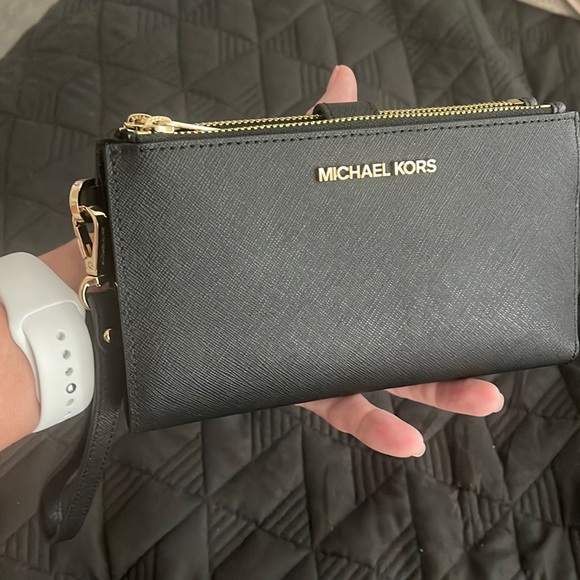 Michael Kors MK Jet Set Travel Lg Double Zip Leather Wristlet Black - Picture 1 of 6